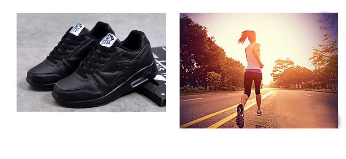 Collage med svarta skor snett framifrån och en kvinna som joggar på en solbelyst väg 5