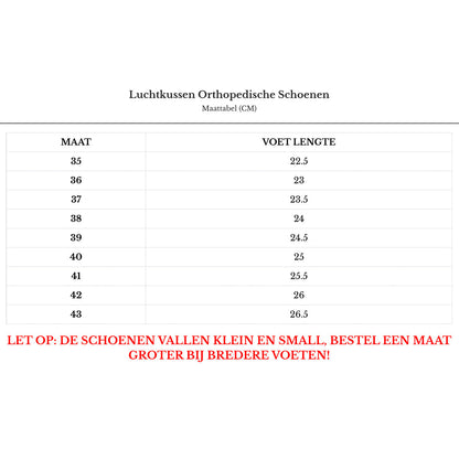 Größentabelle für Luftkissen Orthopädische Schuhe, Größen 35-43, Hinweis auf kleine Passform.