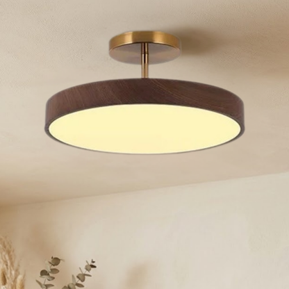 Tänd lampa med mörk trälook och guldfärgat fäste i taket, sedd snett underifrån med torkade växter nedtill i bild. 3
