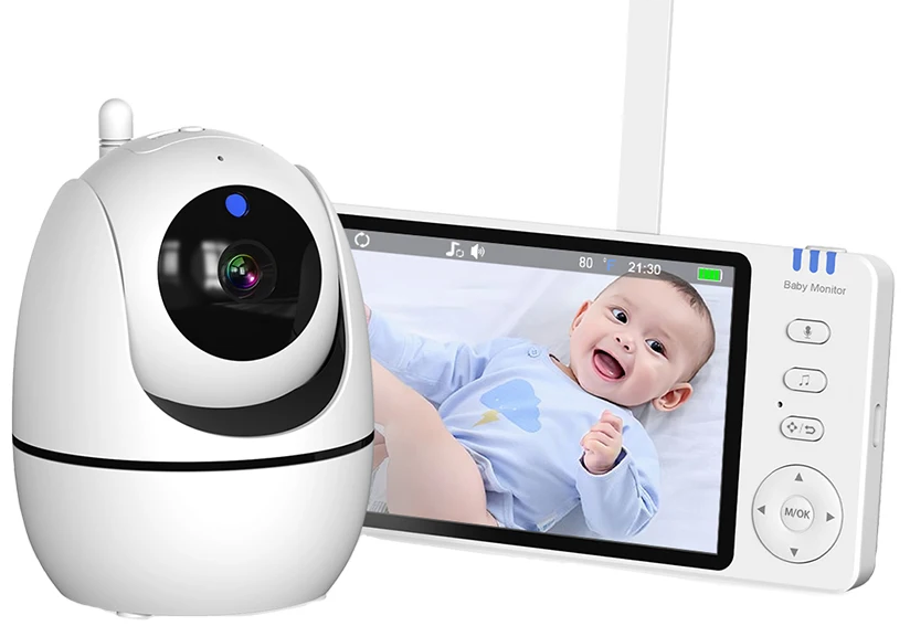 5-tums HD-videobabymonitor med kamera, PTZ-zoom och nattseende