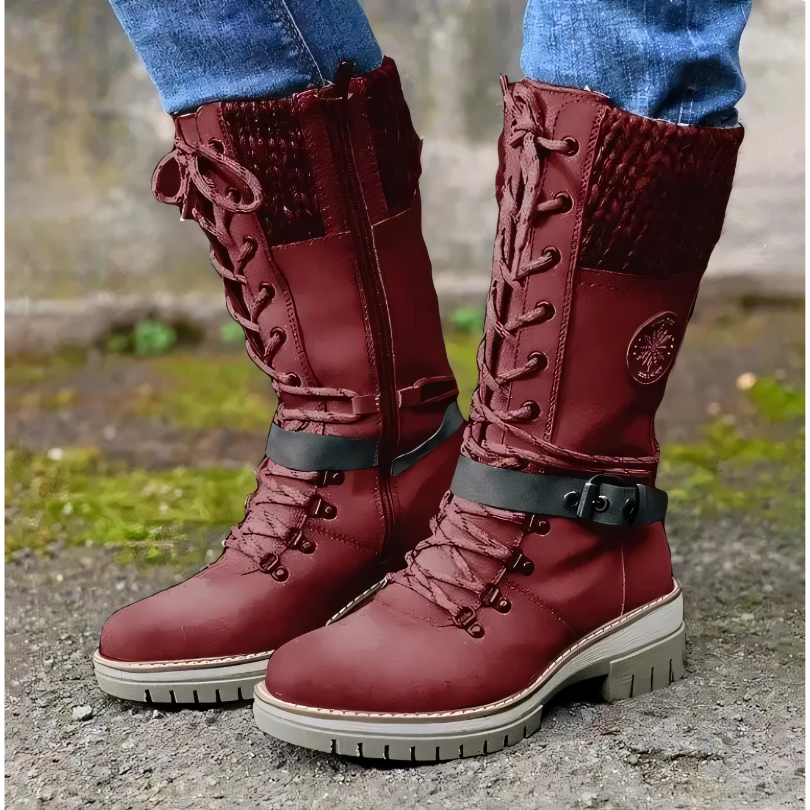 Damen Winterstiefel, rot, Schnürung, Leder, rutschfeste Sohle, Outdoor, warm, modisch.