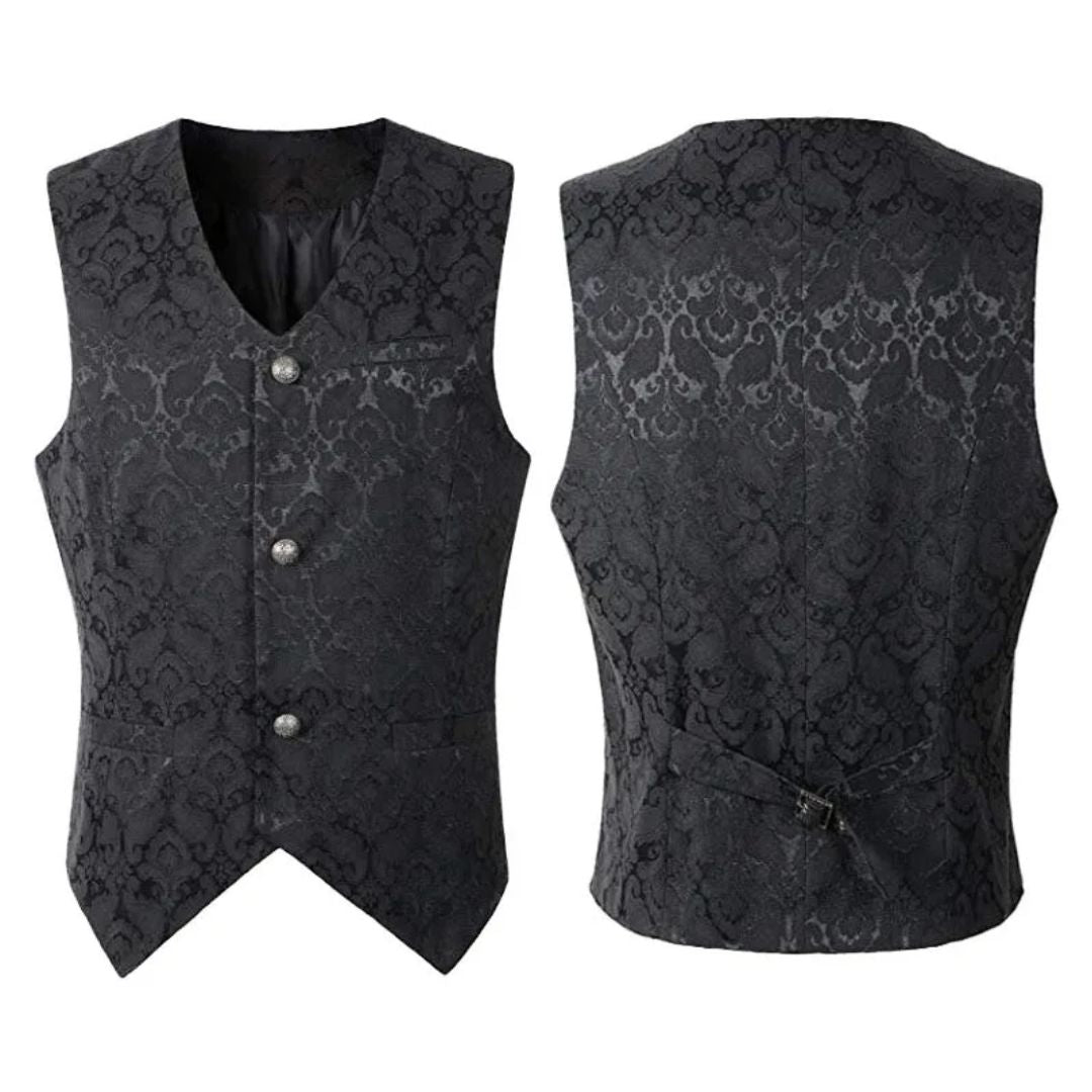 Schwarze Brokatweste Herren, elegant, Knöpfe, V-Ausschnitt, festlich, Vintage-Stil.