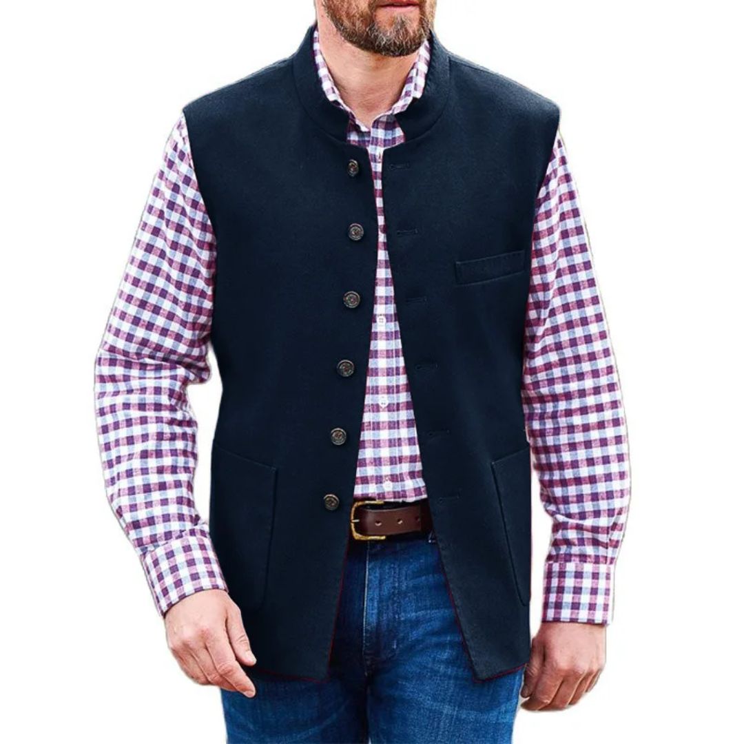 Mann in kariertem Hemd und schwarzer Weste, Herrenmode, Freizeitkleidung, stilvoll, modern.