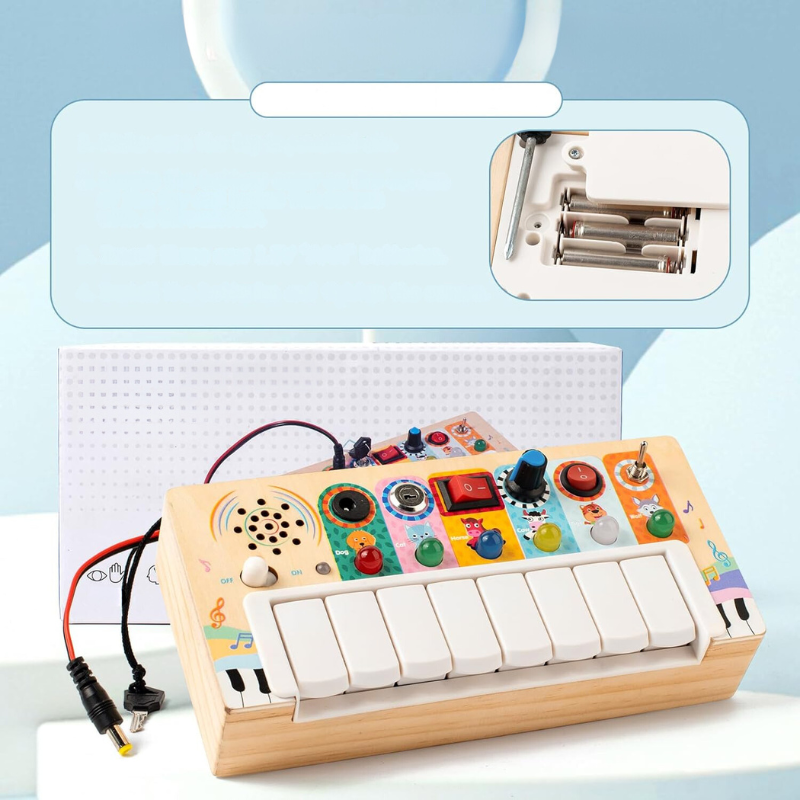 Holz-Synthesizer für Kinder, bunte Tasten, Lernspielzeug, Musikspielzeug, Batteriefach.
