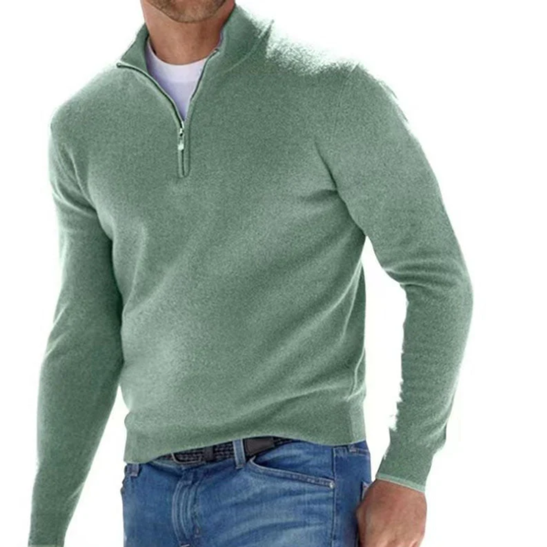 Grüner Herrenpullover mit Reißverschluss, Langarm, aus Baumwolle, modisch, bequem.