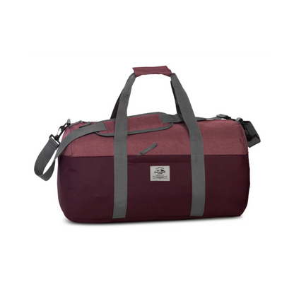 Bordeaux Reisetasche mit grauen Trägern, robustes Material, ideal für Reisen und Sport.