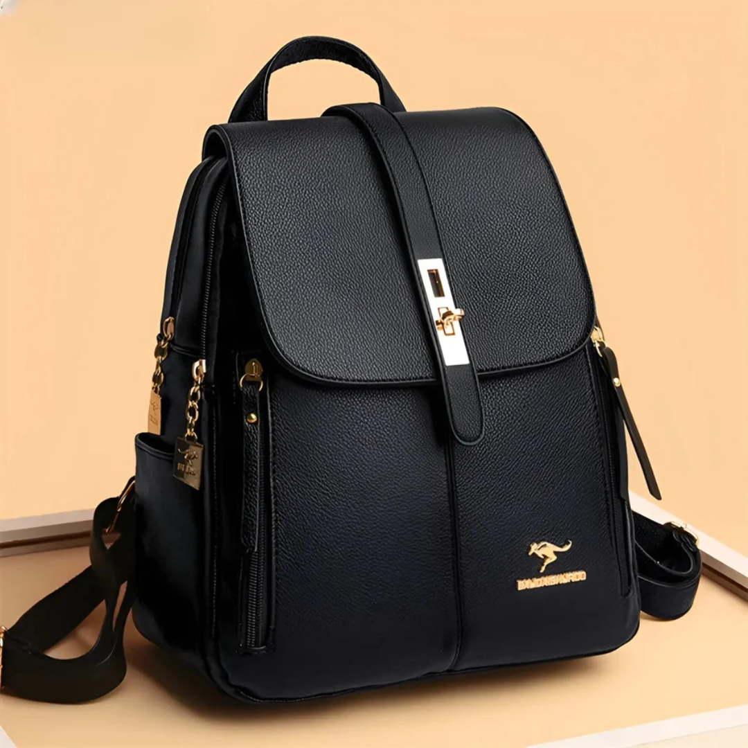 Schwarzer Lederrucksack mit goldenen Reißverschlüssen, stilvolles Design, Damenmode Accessoire.