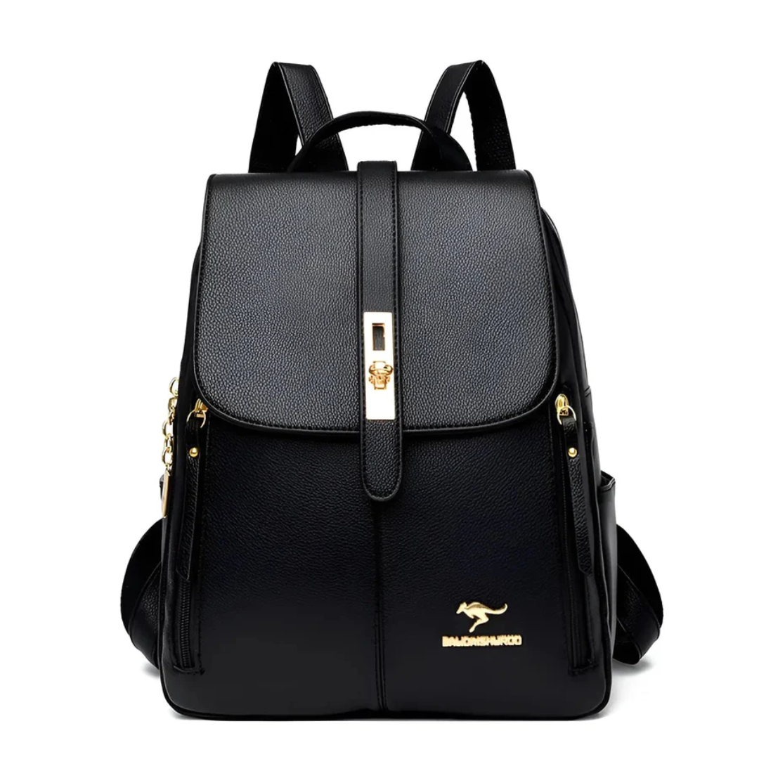 Schwarzer Lederrucksack mit goldenen Details, stilvoller Damenrucksack, modisches Accessoire.