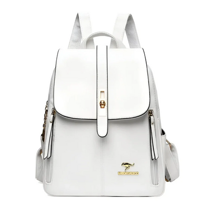 Weiße Damen-Rucksacktasche aus Leder mit goldenen Akzenten und Känguru-Logo.