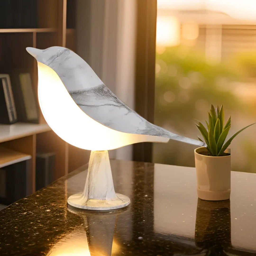 Vogel-Tischlampe aus Marmor, LED, modern, dekorativ, Wohnzimmer, Beleuchtung, weiß, elegant.