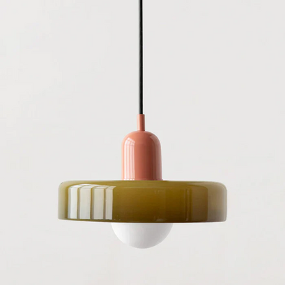Moderne Hängelampe aus Glas, grün und rosa, minimalistisches Design, Wohnzimmerbeleuchtung.