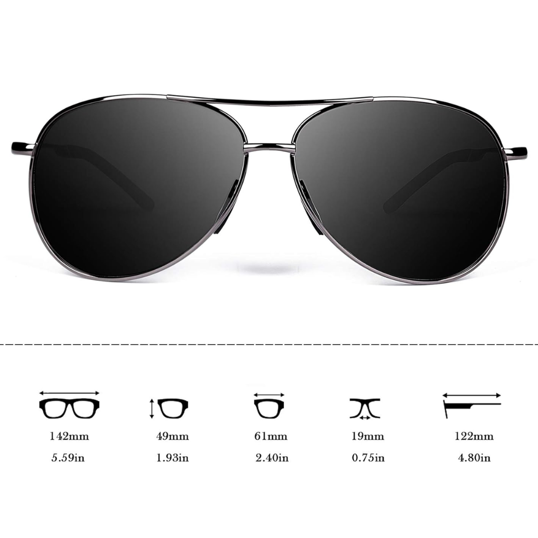 Schwarze Aviator-Sonnenbrille, Metallrahmen, UV-Schutz, Unisex, modisch, 142mm Breite.