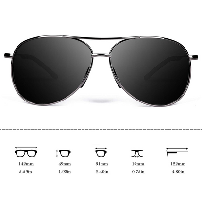 Schwarze Aviator-Sonnenbrille, Metallrahmen, UV-Schutz, Unisex, modisch, 142mm Breite.