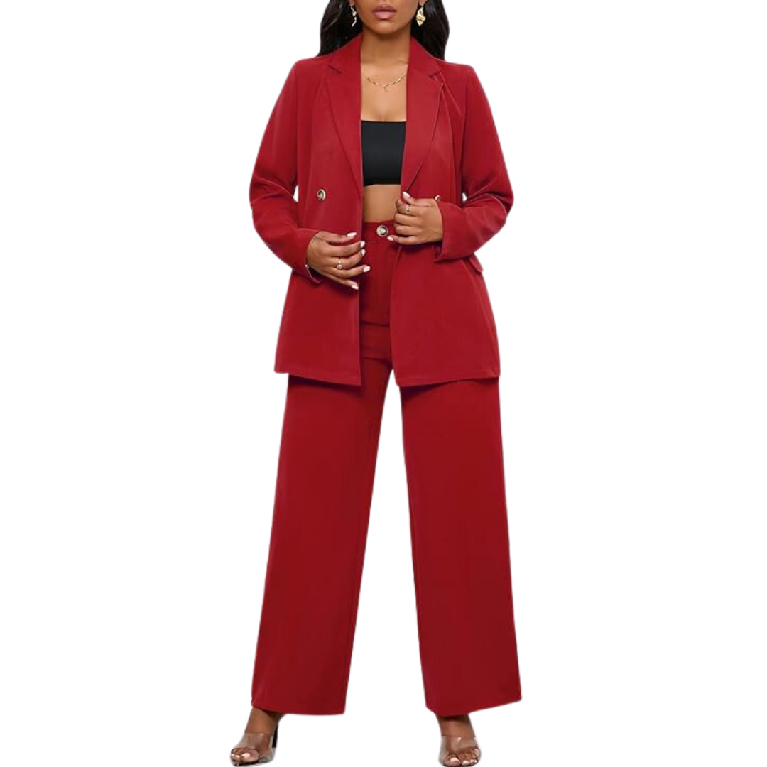 Frau in rotem Hosenanzug, schwarzes Top, elegante Mode, Business-Outfit, Damenbekleidung.