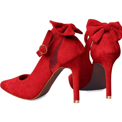 Rote Damenpumps mit Schleife, Wildleder, hoher Absatz, elegantes Design, modische Damenschuhe.