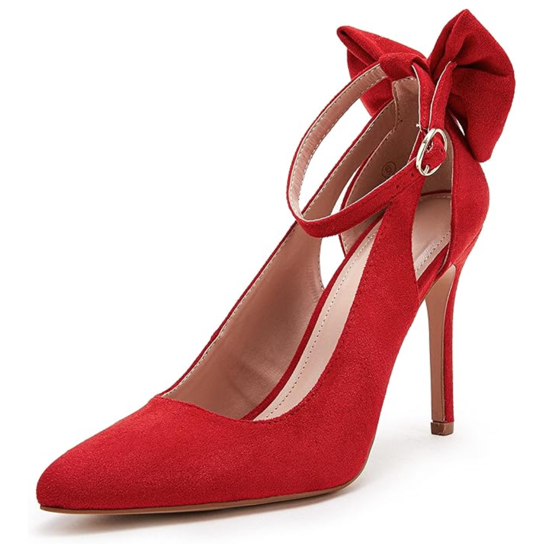 Roter Damenpumps aus Wildleder mit Schleife, hoher Absatz, eleganter Schuh für Abendmode.