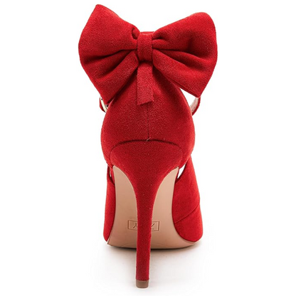 Roter Damenpumps mit hohem Absatz und Schleife, elegantes Design, festliche Mode.