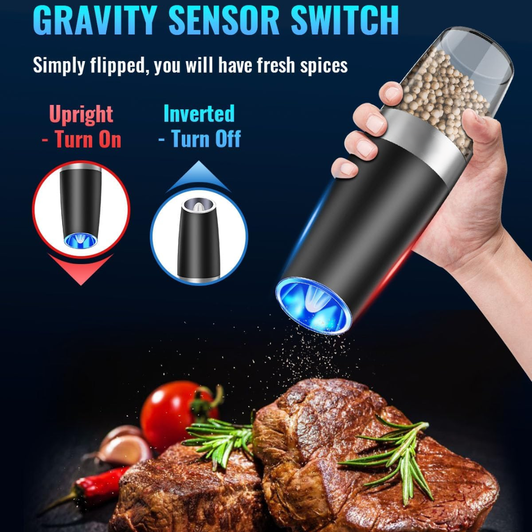 Elektrische Pfeffermühle, schwarz, mit Schwerkraftsensor, LED-Licht, Gewürze mahlen.