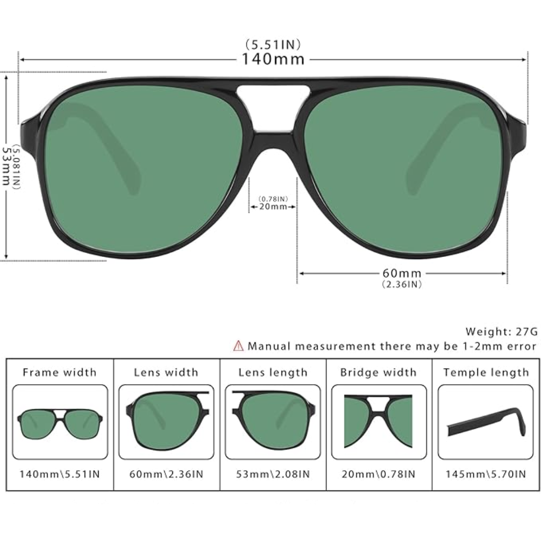 Schwarze Sonnenbrille mit grünen Gläsern, Unisex, UV-Schutz, Maße und Gewicht angegeben.