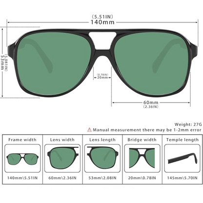Schwarze Sonnenbrille mit grünen Gläsern, Unisex, UV-Schutz, Maße und Gewicht angegeben.