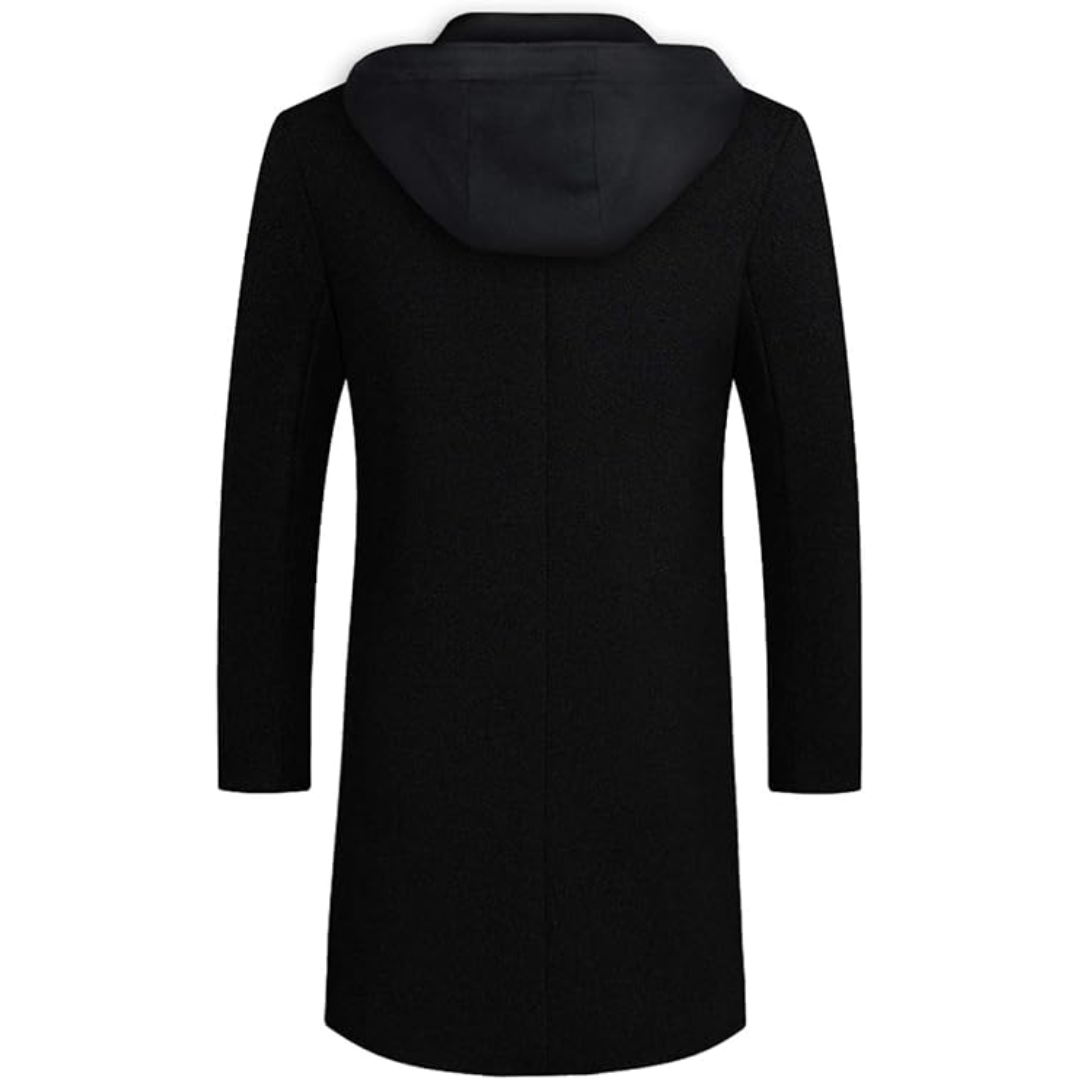 Schwarzer Herrenmantel mit Kapuze, elegantes Design, Wintermode, warme Oberbekleidung.