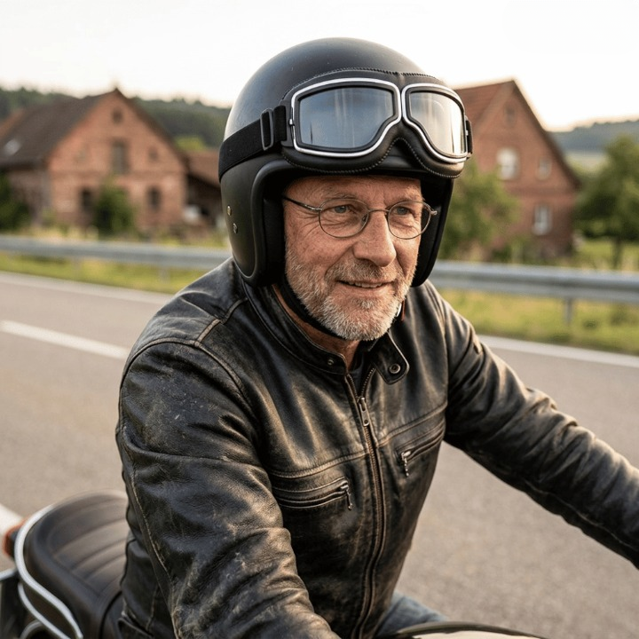 Leende äldre man med glasögon och läderjacka på motorcykel, med glasögonen uppflyttade på en svart halvhjälm. 1