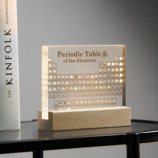 Acryl-Periodensystem mit Holzsockel, dekorative Tischlampe, modernes Design, Geschenkidee