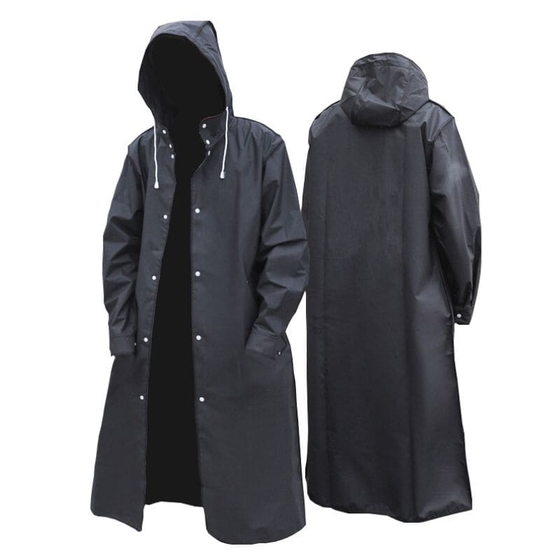 Schwarzer Regenmantel mit Kapuze, wasserdicht, Unisex, lang, Outdoor-Bekleidung.