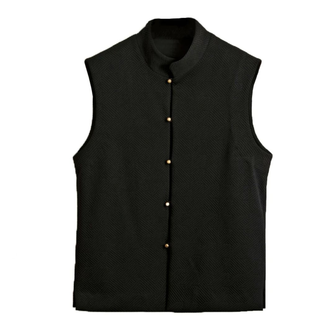 Schwarze ärmellose Weste mit Stehkragen und Knöpfen, elegantes Design, Herrenmode.
