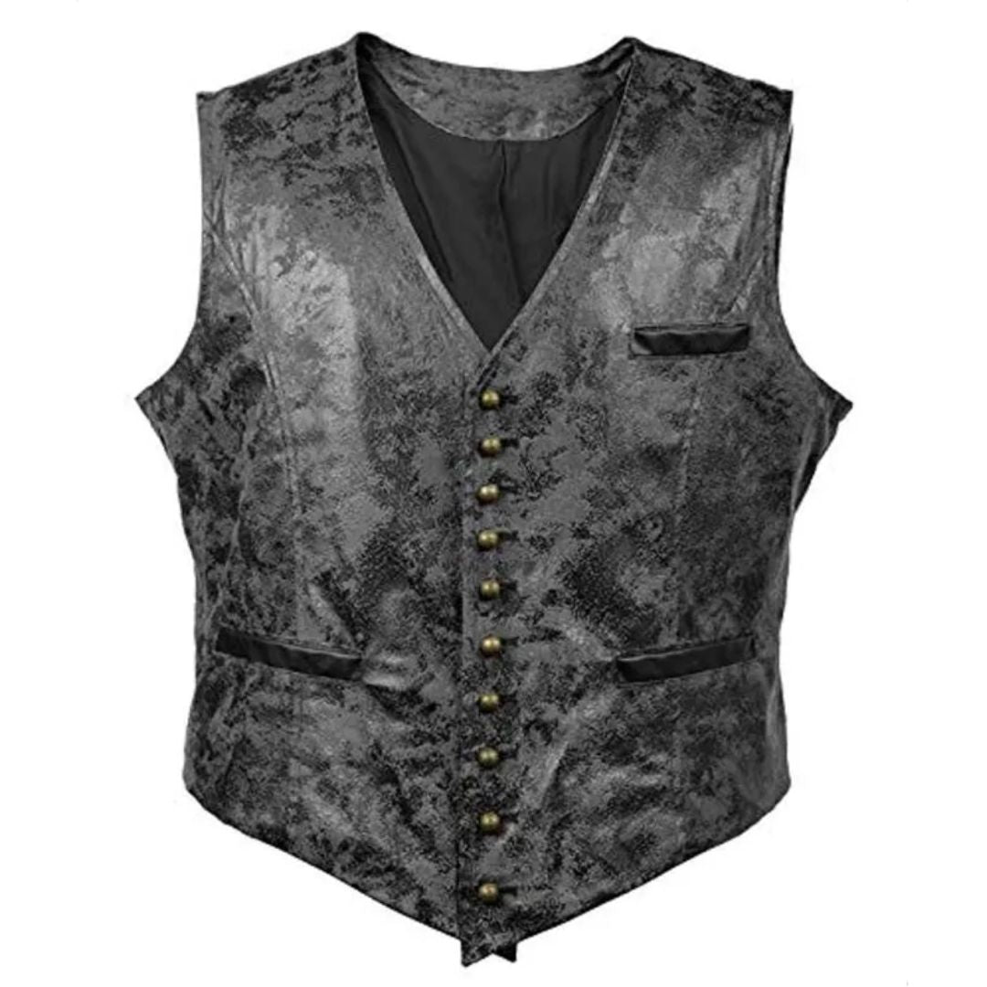 Schwarze Brokatweste, Herrenmode, elegantes Design, Knopfleiste, ärmellos, festlich