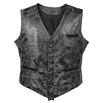 Schwarze Brokatweste, Herrenmode, elegantes Design, Knopfleiste, ärmellos, festlich