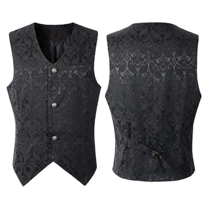 Schwarze Brokatweste Herren, elegant, Knöpfe, V-Ausschnitt, festlich, Vintage-Stil.