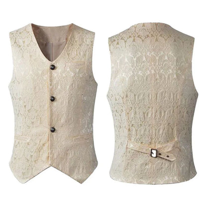 Beige Herrenweste aus Spitze, ärmellos, mit Knöpfen, elegantes Design für formelle Anlässe.