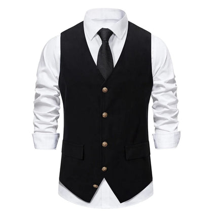 Schwarze Herrenweste mit Knöpfen, weißes Hemd, schwarze Krawatte, elegante Herrenmode.