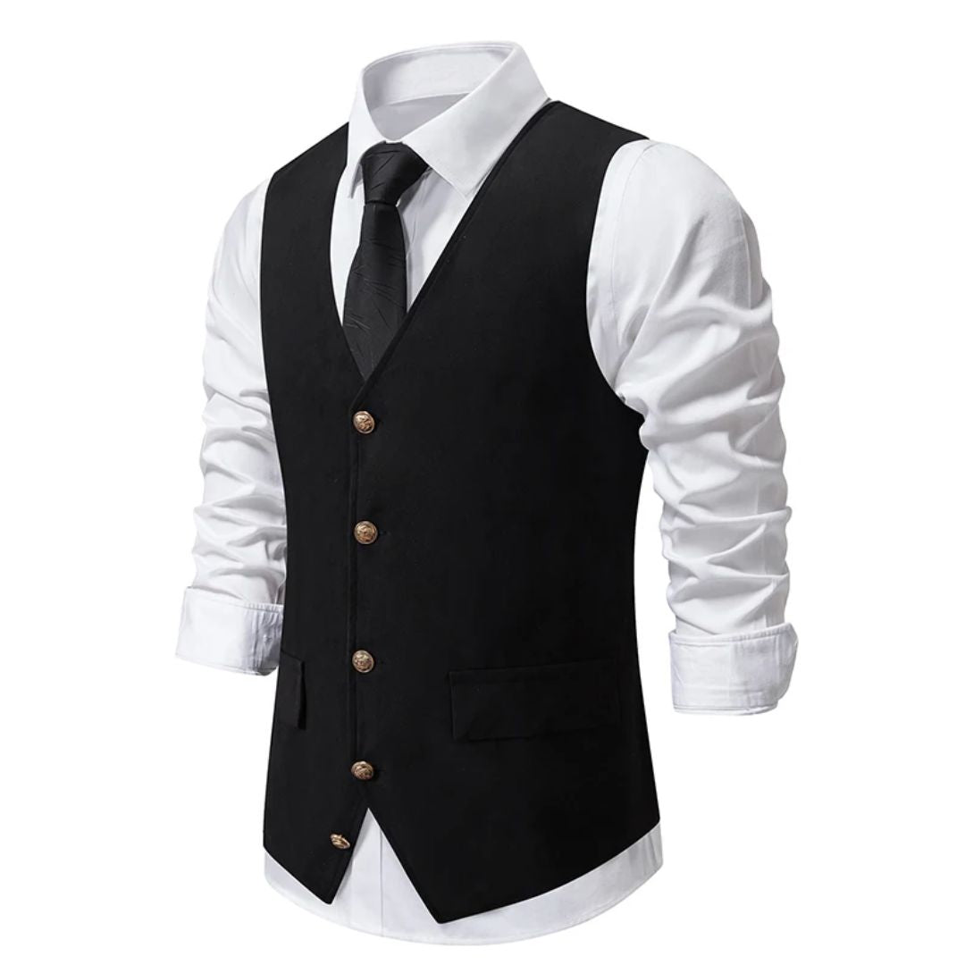 Schwarze Herrenweste mit Knöpfen, weißes Hemd, schwarze Krawatte, elegante Herrenmode.