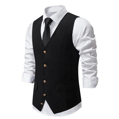 Schwarze Herrenweste mit Knöpfen, weißes Hemd, schwarze Krawatte, elegante Herrenmode.