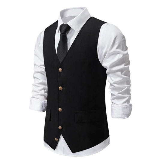 Schwarze Herrenweste mit Knöpfen, weißes Hemd, schwarze Krawatte, elegante Herrenmode.