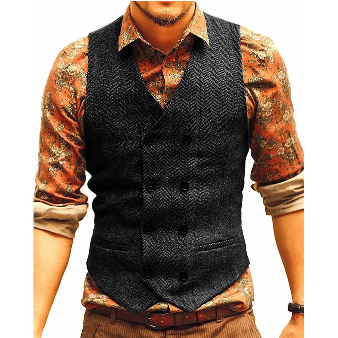 Männer Weste, dunkelgrau, Tweed, ärmelloses Design, über gemustertem Hemd, modisch, elegant.
