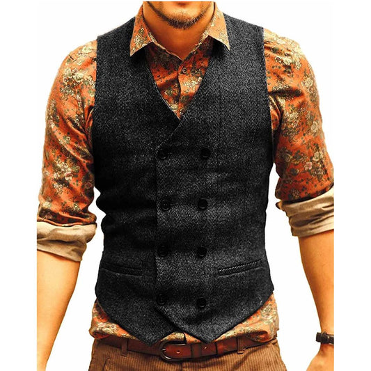 Männer Weste, dunkelgrau, Tweed, ärmelloses Design, über gemustertem Hemd, modisch, elegant.