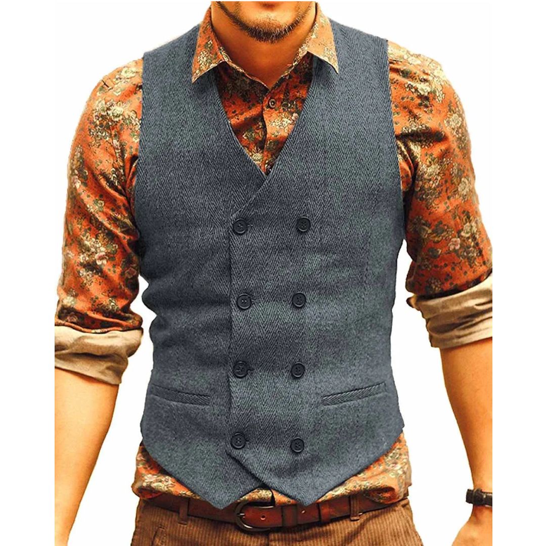 Mann in grauer Tweed-Weste und gemustertem Hemd, modische Herrenbekleidung.