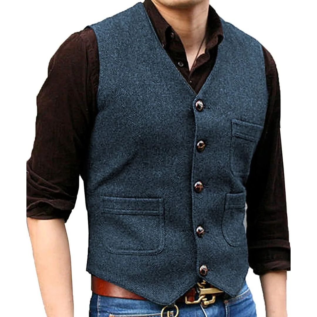Männer Weste blau, Tweed, Knöpfe, Taschen, elegantes Design, Herrenmode, Freizeitkleidung