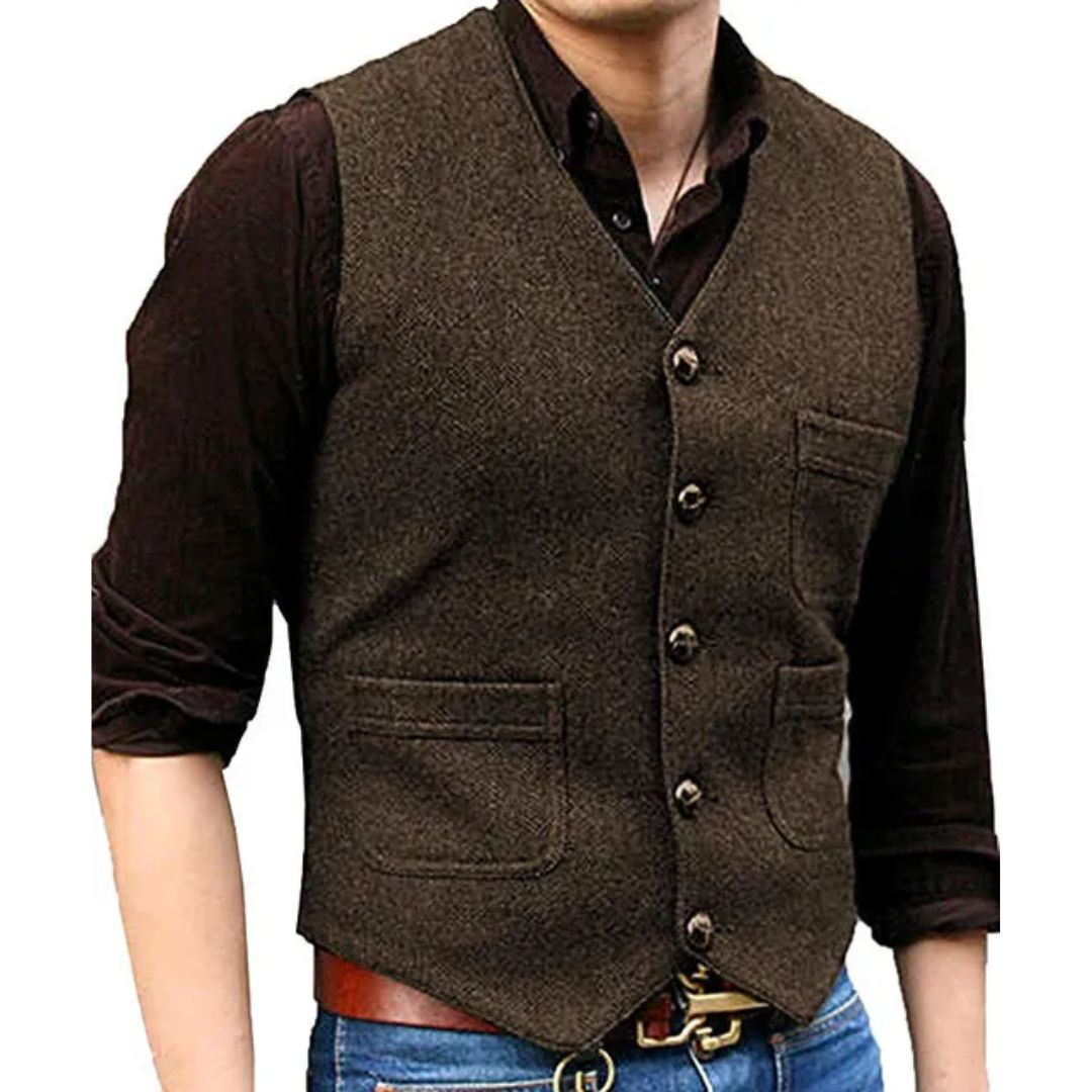 Braune Herrenweste aus Tweed, klassisch, mit Knöpfen und Taschen, ideal für formelle Anlässe.