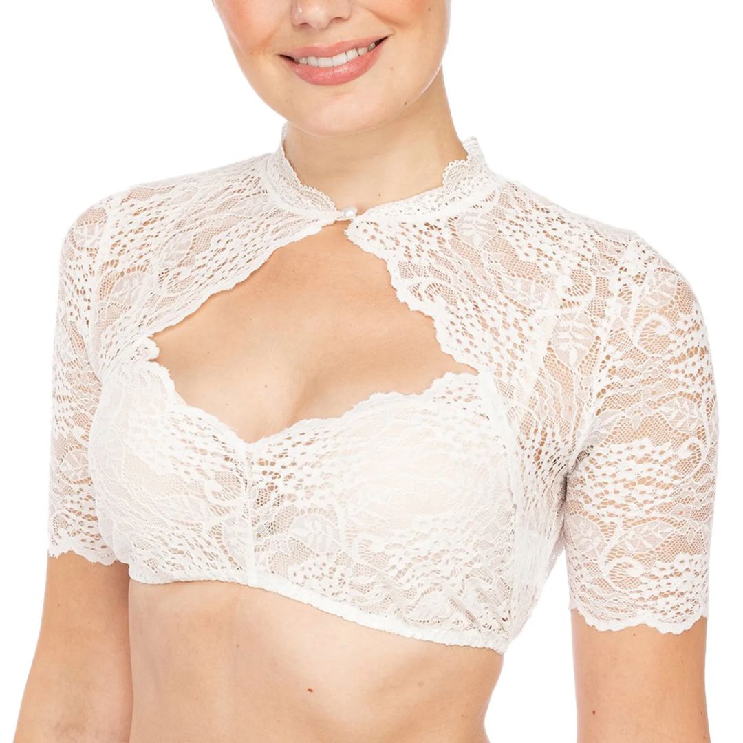 Weiße Spitzen-Dirndlbluse, kurzärmelig, traditionelles Design, ideal für Trachtenmode.