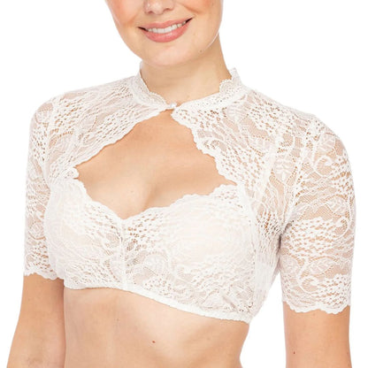 Weiße Spitzen-Dirndlbluse, kurzärmelig, traditionelles Design, ideal für Trachtenmode.