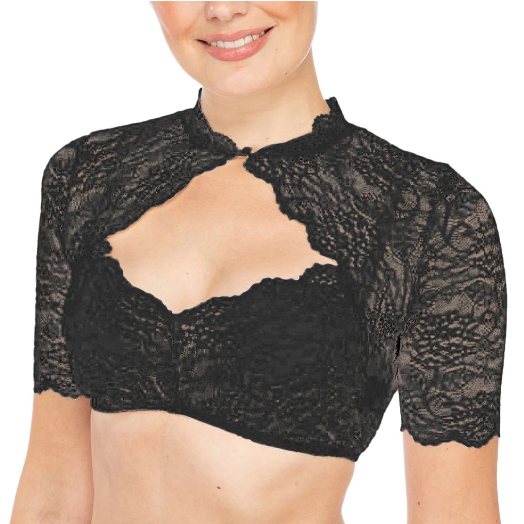 Schwarzes Spitzen-Bolero-Top für Damen, kurzärmelig, elegant, festlich, modisch.