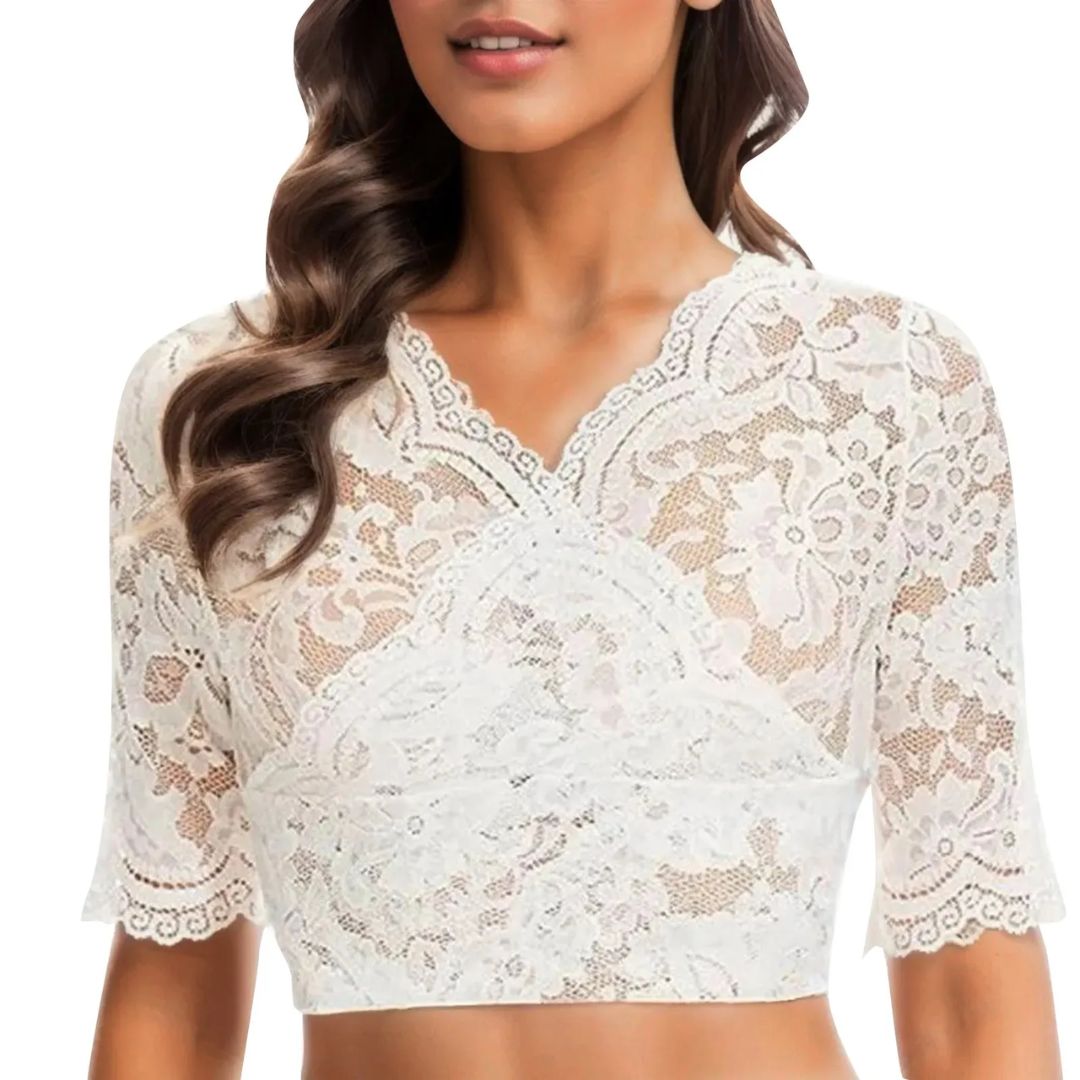 Damen-Spitzenoberteil, weiß, kurzärmelig, florales Muster, elegantes Design, Sommermode.