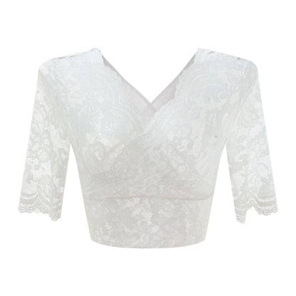 Weiße Spitzenbluse Damen, V-Ausschnitt, 3/4-Ärmel, elegant, modisch, hochwertig.