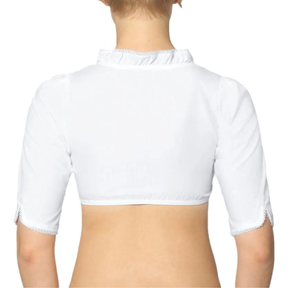 Weiße Damen-Dirndlbluse aus Baumwolle, Rückansicht, halblange Ärmel, traditionell.