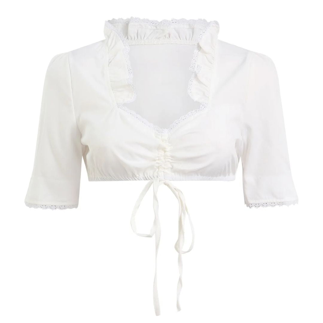 Weiße Damenbluse mit Rüschen, V-Ausschnitt und Bindeband, ideal für Trachtenmode.
