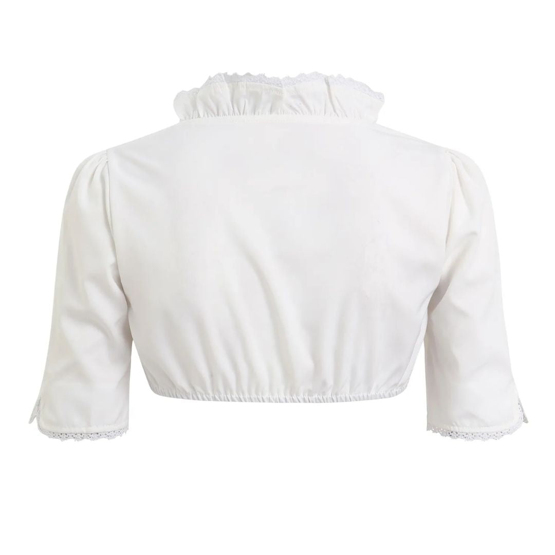 Weiße Damenbluse mit Rüschenkragen, halblangen Ärmeln, Spitzenbesatz, elegant, Baumwolle.